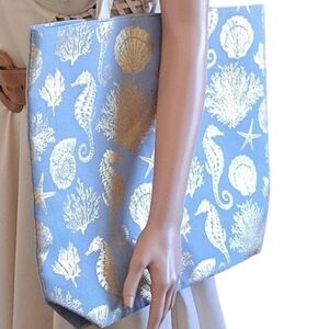 Styline  Large Blue & Gold Coral Print Tote